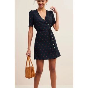 Rouje Paris Gabinette Navy Cherry Print Wrap Button Dress S 34